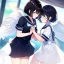 Placeholder: Clear focus,High resolution, Black short fluffy hair, and blue eyes, wearing a sailor uniform, must wear a short skirt, Blushing, Holding another girls hand, angel and devil