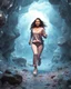 Placeholder: make a picture pretty crystal cave covered with jwells and 3d recursive cubic and sphere base pearls and Gemstone species, a beautiful goddess lady with curvy hair,makeup, in pretty modern today pants and loose shirt and sport shoes with jewels is running inside cave ,dynamic camera fallow her inside cave capturing full body, dynamic lights.