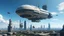 Placeholder: A small, wide, squat Spaceship hovering in a ruined alien city, surrounded by tall damaged buildings, clear blue sky, small white clouds, photorealistic