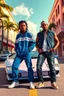 Placeholder: A vibrant, cinematic “Grand Theft Auto: Vice City”-style poster set in a pastel-colored Miami street with Art Deco buildings, tall palm trees, and warm sunlight. Two stylish men stand confidently in front of a vintage Lamborghini Countach. One man wears a blue Adidas tracksuit with white sneakers, hands in pockets, sporting short dreadlocks and a casual relaxed expression. The other man wears a denim vest over a white T-shirt, dark jeans, a bandana, and gold accessories, giving a cool streetwear