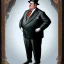 Placeholder: A 1930s Italian-American businessman in his 20s with a tight fitting bowler hat and a tattered suit. He is obese and has a sad expression on his face. He is facing the screen.