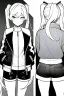 Placeholder: blonde girl with ponytails dressed in a jacket and shorts walks briskly, front view, greyscale