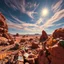 Placeholder: Close-up fantastic mineral constructions and multicolored concretions under a sparkling sky in a desert panorama, reminiscent of the fiery expanses of Mars