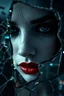 Placeholder: Close-up shot. A cracked pale face deep gaze dark makeup and lips figure through looking a fractured cracked glass pane, revealing glimpses of a surreal hightech cityscape. Hyperrealistic, sharp focus, intricate details, surreal style by Dali, Bosch, Kandinsky, beautifully shot. High contrast, cinematic, dark gloomy, atmospheric, moody. 64 megapixels, perfect compositi