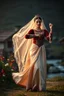Placeholder: A full-body cinematic photograph of a graceful Azerbaijani woman performing a traditional national dance. She wears an intricately embroidered velvet bodice and a flowing long silk skirt. On her head is a small ornate traditional crown with a long, translucent white lace veil flowing elegantly behind her. She stands in a poised, elegant dance pose in a pretty country side village with dramatic professional spotlighting. next to river flowers
