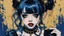 Placeholder: Poster in two gradually, a one side malevolent goth vampire girl face and other side the Singer Melanie Martinez face, painting by Yoji Shinkawa, darkblue and gold tones,