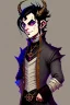 Placeholder: Young tiefling nobleman alchemist with black hair horns and large reptilian tail gothic jewelry and potion bottles in the style of Charles Addams