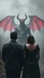 Placeholder: A man and a woman setting facing the front and a blurry ghostly vision of the devil standing behind