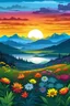 Placeholder: landscape with a sunrise and mountains, with colorful flowers at the bottom