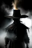 Placeholder: humanoid figure made of dark shadow and smoke wearing witch hunter hat