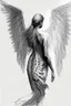 Placeholder: full body woman angel from back, angel wings rip through her skin, bun haired angel wearing long tunic ultra realistic drawing