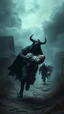 Placeholder: A scary devilish black hooded creature carrying a baby and running away from the villagers who are running after him in dark scary environment and misty clouds