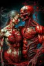 Placeholder: Gore splatter horror, fleshy image of 2 bodies, 1 male 1 female, 1 soul, complementary, then ripped apart again being flayed, skinned alive. beating love heart. muscles, blood vessels, bowels, entrails. anatomy. physiology. astrology. astronomy. hallucinations. mythology. grotesque.