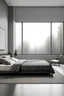 Placeholder: Minimalistic bed room with big window with modern interior with one sitting and coffee table on other wall.