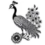 Placeholder: white, A peacock have a two foot white flower decoration, line art, white background, outline, with images neatly contained within the background, just black and white color, full body, no color. Looking front , front view, 8k