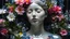 Placeholder: paint, close-up photo of statue made out of transparent glass,beautiful young girl,flowers inside the statue,flowers inside,floral design,plants under glass,emotional,dark,modern,abstract,(closed_eyes:1.1),parted lips,ears,glass,rough texture,see-through,