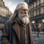 Placeholder: An old man with long grey hair and beard standing in town center wearing old clothes, background town streets and buildings, original old man 1000, visual storytelling, 3D, detailed, no blur, unreal engine 5, photorealistic, high resolution, 32k quality, 4k UHD