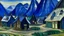 Placeholder: An indigo Viking village near a peak designed in Scandinavian folk art painted by Edvard Munch