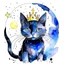 Placeholder: Watercolor, black kitten, cute, a tiara on the head, moon, night