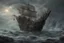 Placeholder: A spectral pirate ship, its sails tattered and torn, sits atop a rocky shoreline, surrounded by a swirling mist of ghostly figures and eerie seaweed.