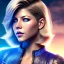 Placeholder: Katheryn Winnick, Cyborg anime warrior, light blonde short hair, pixie hairstyle, cobalt eyes, waist up portrait, 8k resolution, retroanime, intricate details, neon details, soft lighting, vibrant colors, masterpiece, intricate eyeliner, dark eyeshadow, eyes, intricate tattoos, gradient background