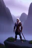 Placeholder: dark elf man, drizzt, fantasy, forest, sunset, mystic, fog render unreal, cave exit, mountain, 2 scimitars, big landscape