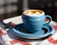 Placeholder: Cappuccino art microfoam in teal mug saucer Crawford plaid napkin Demitasse