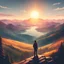 Placeholder: A lone hiker stands atop a majestic mountain, gazing out at a breathtaking view of rolling hills, sparkling lakes, and distant forests. The sun is setting, casting a warm glow over the landscape and the hiker's face. in pexel art style