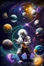 Placeholder: Albert Einstein playing with atoms in outerspace surrounded by planets, stars, cosmic gas, and moons