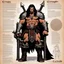 Placeholder: character concept sheet with AD&D statistics and characteristics, [wii No More Heroes style with thick lines] Conan the barbarian on the throne with all his iconic glory
