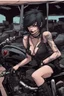 Placeholder: vampire girl showing fangs with short cropped cyberpunk hair riding a black cafe racer motorcycle in a post apocalyptic wasteland at dusk