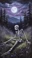 Placeholder: A oil painting of a skeleton sitting in the grass on the top of a hill, lookin into the night sky. A Forrest in the background. Painting. Purple colours. Blue colours. Night. Melancholic mood. Colorful.Pastel colours. Masterpiece.