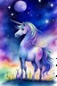 Placeholder: drawing of a cute little pony on its hind legs as a unicorn in watercolour, in the background a purple sky with stars and northern lights, splatter, art, aquarell