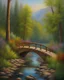 Placeholder: a painting of a bridge over a stream, romanticism landscape painting, intricate and wet oil paint, original post impressionist art, colorful landscape painting, impressionistic painting, landscape painting, romanticism painting, impressionist style painting, classical landscape painting, wooden bridge, impressionist oil painting, inspired by mark keathley, bright depth oil colors, landscape oil painting