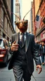 Placeholder: The cockroach warning a glasses and a tie and a suite holding a back in his hand and walking In new York street Wall Street area