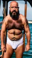 Placeholder: photography of a burly marocan fisherman sunbathing sitted in a fisher wooden boat, in little white french briefs, tattoo, manly chest, ugly, 54 years old, bullneck, white long beard, bald, muscular chubby, angry eyes, photorealistic, Canon EOS, 8k