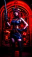 Placeholder: Full Body Photo Of A Steampunk Burlesque Woman With Straight Hair And A Fringe Hairstyle, Holding A Laser Gun, Sci-Fi Steampunk Background