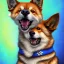 Placeholder: a close up of a dog on a blue background, a digital painting, by Sengai, deviantart contest winner, furry art, doge meme, with a happy expression, very warm colors, my computer icon, rough oil paint, satoshi, dribbble, hgrenades, shibu inu, ombre, deep lighting, derpy