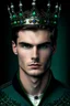 Placeholder: Handsome man with black hair and blue eyes, wearing a silver crown with emerald gem