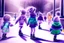 Placeholder: pencil drawing, pastel colours, in the foreground we see a purple knitted scarf falling on the ice, in the background cute cjibi children are skating happily in sunshine, ethereal, cinematic postprocessing, bokeh, dof