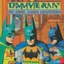 Placeholder: A 1980 medieval comic cover of a dark universe masonic sad drunk batman cosplay convention, green batman, orange batman, cyan batman, white batman.