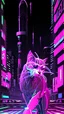 Placeholder: vaporwave illustration of a futuristic, cybernetic futuristic huge cat walking through a neon-lit cityscape, we see it's face. Cyber cat is sleek and stylish, accentuated with intricate and bold cybernetic enhancements, graphic shapes, and lines. Futuristic city features holographic ads, neon skyscrapers, and advanced technology billboards. Emphasize the pastel color palette of cool colors, bold, luminous neons, and clean lines for an otherworldly effect.