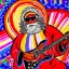 Placeholder: hippie Santa playing electric guitar psychedelic peace sign, MUSHROOMS