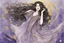 Placeholder: Dynamically dancing long haired brunette woman, in Klimt style, in lilac, watercolor and ink, golden glitters