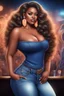 Placeholder: create an airbrush illustration of a curvy black female wearing Tight blue jeans and a peach off the shoulder blouse. Prominent make up with long lashes and hazel eyes. She is wearing brown feather earrings. Highly detailed long black shiny wavy hair that's flowing to the side. Background of a night club.