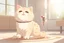 Placeholder: cute fluffy chibi beige cat with a giant thermometer in a modern room in sunshine