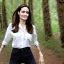 Placeholder: Angelina Jolie wearing jeans dancing in a forest realistic face full body