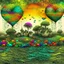 Placeholder: Dreamy sunset lush hilly landscape, winding river, surrealist impasto spirograph drawing, trees, abstract expressionist medieval village, featuring whimsical houses with tiled roofs, flowers, and grasses in Kintsugi-style, gold leaf overlays, intricate textures, by Susanne, in the style of Odilon Redon, Andy Kehoe, John Hoyland, and van Gogh, hints of geometric fragments.