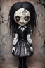 Placeholder: full color, illustration of a dark menacing Victorian goth vampire girl, ala Wednesday Addams, as a decayed, broken, crude homemade patchwork cloth doll toy, with a cracked porcelain face, hair made from ragged strips of cloth, art in the style of Alex Pardee and Tim Burton