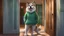 Placeholder: bluesclues, furry female anthro, dog girl, green striped sweater, standing, portrait, solo, (body fur:1.2), (best quality), (standing in doorway background:1.2), medium breasts, dramatic lighting, (detailed fluffy fur:1.1), looking at viewer, bottomless, tail,